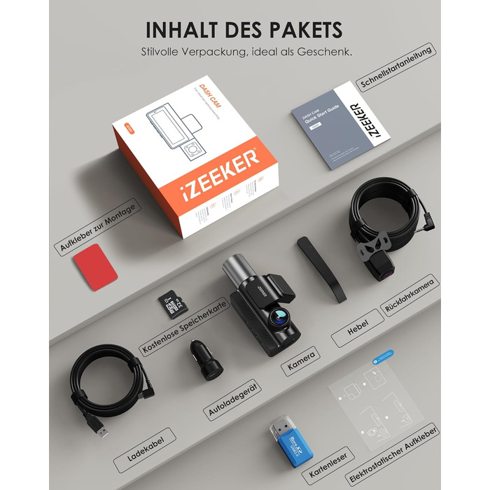 Відеореєстратор iZEEKER 3-канальний 4K з картою 32GB: передній, задній, внутрішній, WiFi 6, нічна зйомка