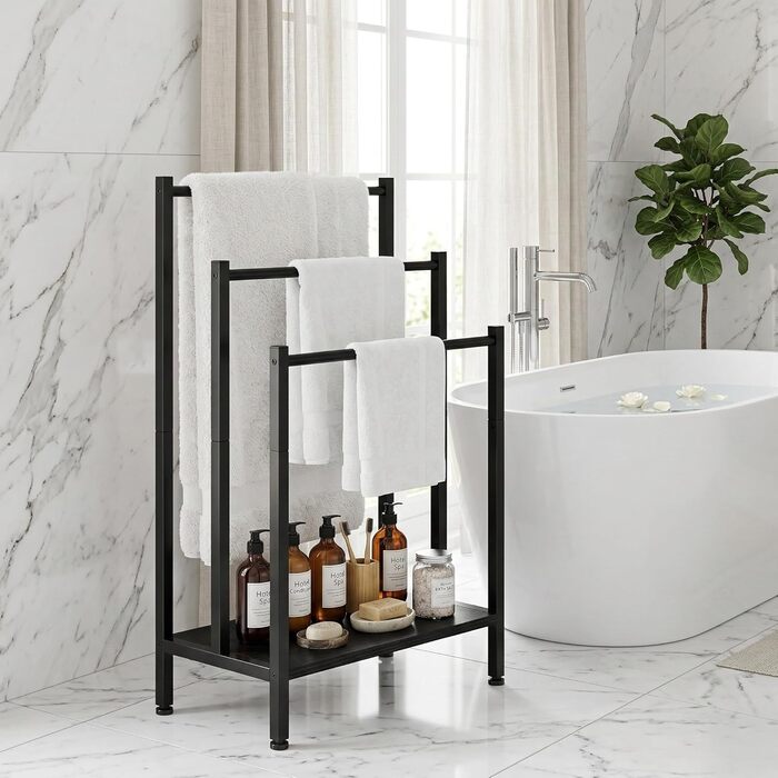 Підставка для рушників підлогова металева, рушниківець freestanding на 3 стріжні, чорний — для ванної кімнати, вітальні та спальні