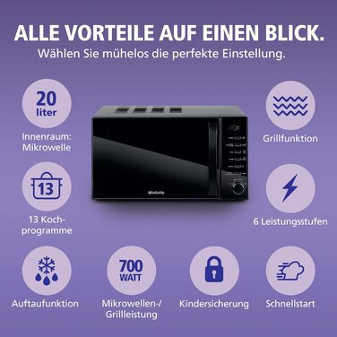 Мікрохвильова піч Brabantia з грилем, 20 літрів, 700W, окремо стояча, 13 автоматичних програм, 6 рівнів потужності, цифровий таймер, великий об'єм, чорна
