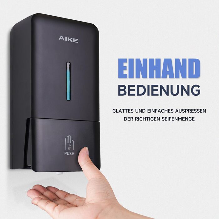 AIKE AK1006 800ML Soap Dispenser Wall Mount No Drilling, Manual Wall Soap Dispenser Made of Plastic, Liquid Soap Dispenser for Public Use, Matte Black