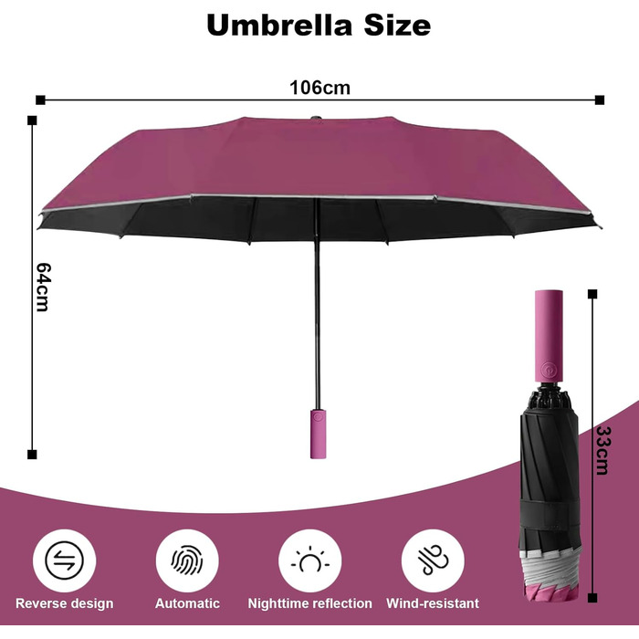 Міцний парасолька-інверсія з 40 спицями, автоматичний парасолька Knirps, діаметр 105 см - для жінок та чоловіків, бордовий