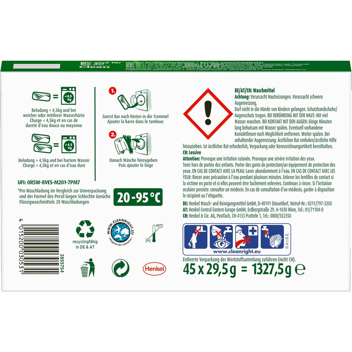 Капсули для прання Persil Power Bars Universal, універсальний засіб для прання, 45 завантажень, 1.33 кг