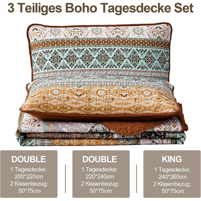 WONGS BEDDING Quilt Cover 220x240 Bedspread Bohemian Throw Blanket Stepped Quilt 3-Piece Double Bed Quilted Blanket Microfiber Living Blanket with 2 Pillowcases 50x70 for Bedroom as Sofa Cover (Bohemian) (220x240 cm, Brown)