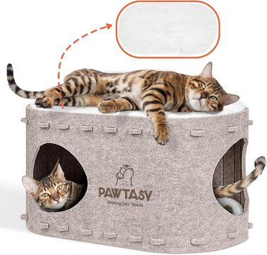 Felt Cat Cave Cat Bed, Cat House for Indoor Cats, Cave with 2 Soft and Warm Cushions, Winter-Proof, Protects Cat Claws, 58W x 33D x 30H cm, Beige