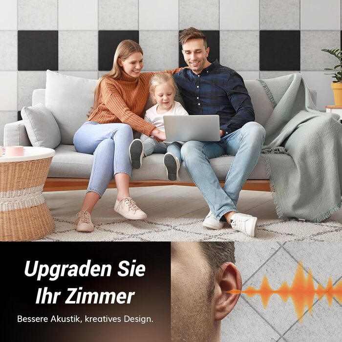 Акустичні панелі TONOR самоклеючі, квадратні звукопоглинаючі плити з поліестеру 30x30x0,9 см, 18 шт, сірі — шумоізоляція для стін, стелі та дверей