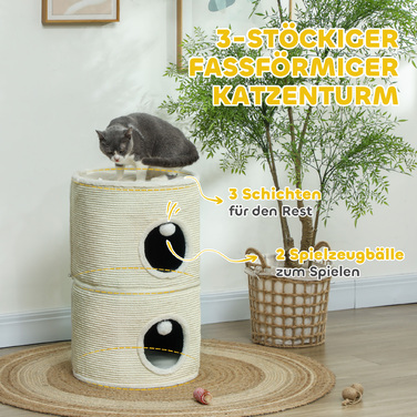 PawHut Драбина для котів, 69 см у висоту, котячий будиночок з 2 печерами, ігральцею, роздільна котяча драбина, котяча вежа для котів до 5 кг, кремово-білий | Aosom