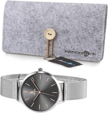 Годинник жіночий Alienwork IK Minimalist, ультратонкий, сітчате браслет (срібло/сірий/сріблястий сітчастий ремінець)