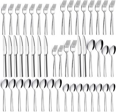 12-Piece Cutlery Set, 60-Piece Stainless Steel Cutlery Set, Eating Utensil Set with Knife, Fork, and Spoon, Stainless Steel Cutlery for Family/Party/Restaurant, High-Gloss Polished & Dishwasher Safe