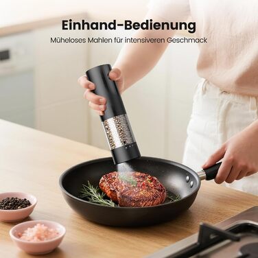 Електричні мельниці для солі та перцю 2 шт. з USB-C зарядкою, регулюванням помелу, LED-підсвічуванням, керамічним жорном та стійкою підставкою – чорний та білий