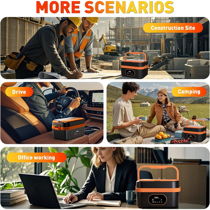 Електрична обідовниця з підігрівом 1.5L, перезаряджувана, портативна, для роботи, сім'ї, кемпінгу, офісу, подорожей, будівельних майданчиків, чорна з червоними акцентами