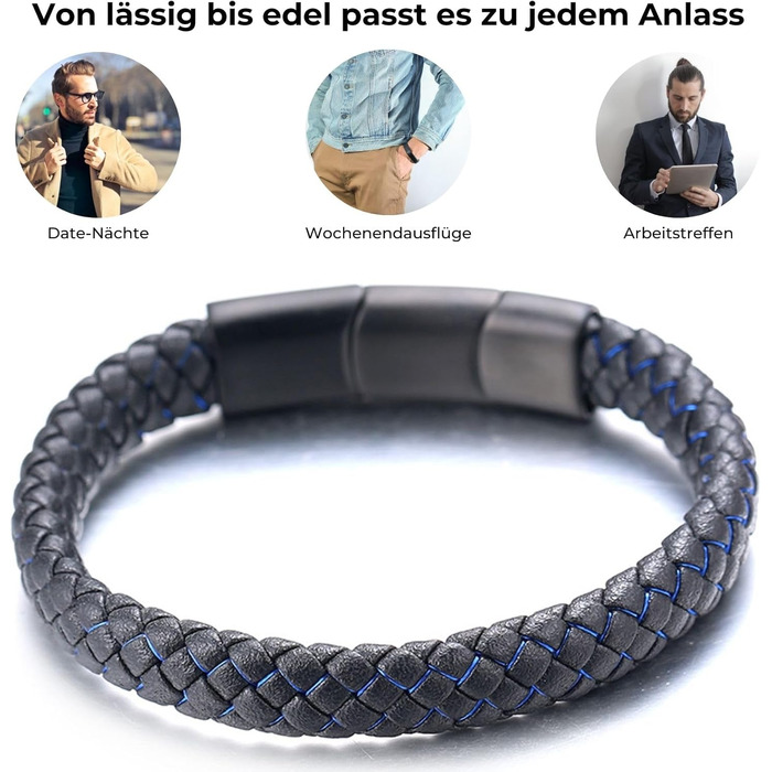 Чоловічий браслет Halukakah Solo з натуральної шкіри, чорний колір, регульований розмір 21.5-23 см, з нержавіючою сталею та шнуром червоно-синього кольору. Безкошовна подарункова коробка.