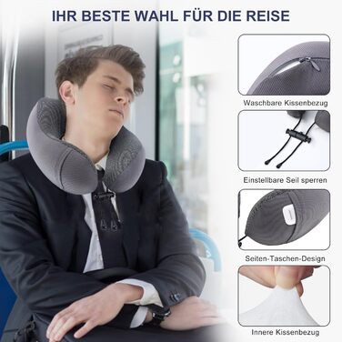 Подушка для шиї у подорожах: м'яка піна пам'яті, бавовна, U-подібна форма, з чохлом, для автомобіля, літака, офісу (сіра)