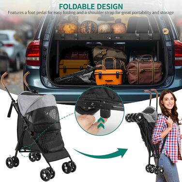 Візок для собак YITAHOME - переноска для тварин до 11,3 кг, з сіткою, тримачем для напоїв та кошиком, для собак та котів (сірий/чорний)