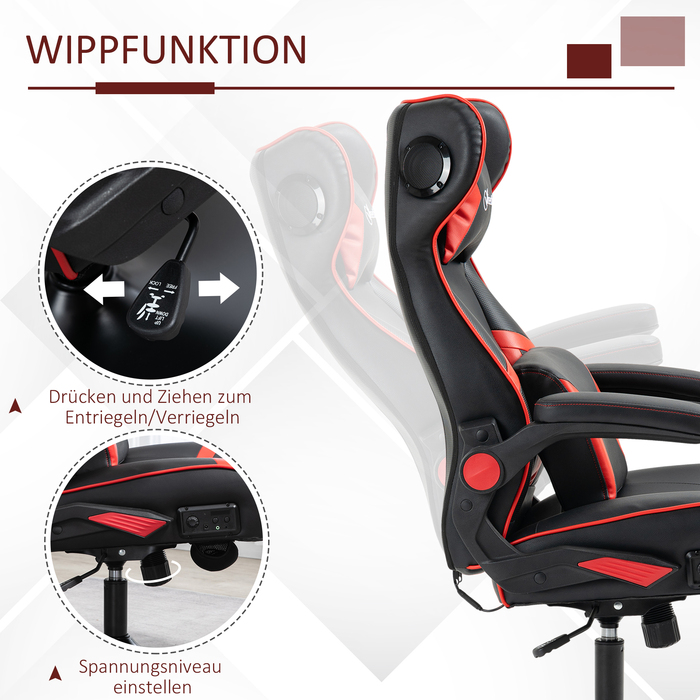 Vinsetto Adjustable Gaming Chair with Rocking Function, Ergonomic, Speakers, Lumbar and Headrest Support, Faux Leather