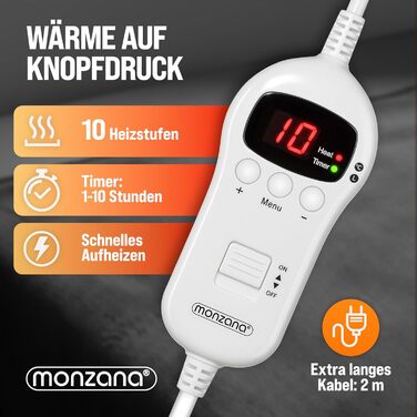 Monzana® Електрична ковдра з підігрівом 180x130 см, 120 Вт, 10 рівнів нагріву, таймер, захист від перегріву, пральна, флісова ковдра для ліжка, чорна, антрацитова