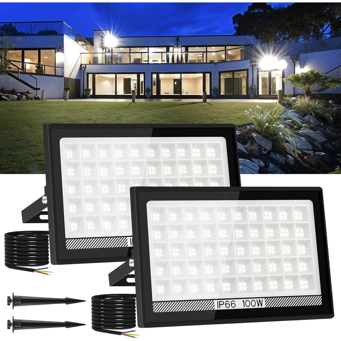 T-SUNUS LED Floodlight Outdoor 100W, Super Bright Outdoor Floodlight Cool White Spotlight IP66 Waterproof 11000LM for Driveway Garage Path Garden 2 Pack