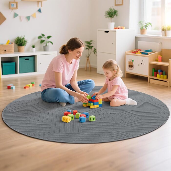 Килим для вітальні 160x230 см, великий пухнастий з коротким ворсом, миючий, сучасний, з 3D ефектом, нековзний, для їдальні, кухні, спальні (200 см круглий, сірий)