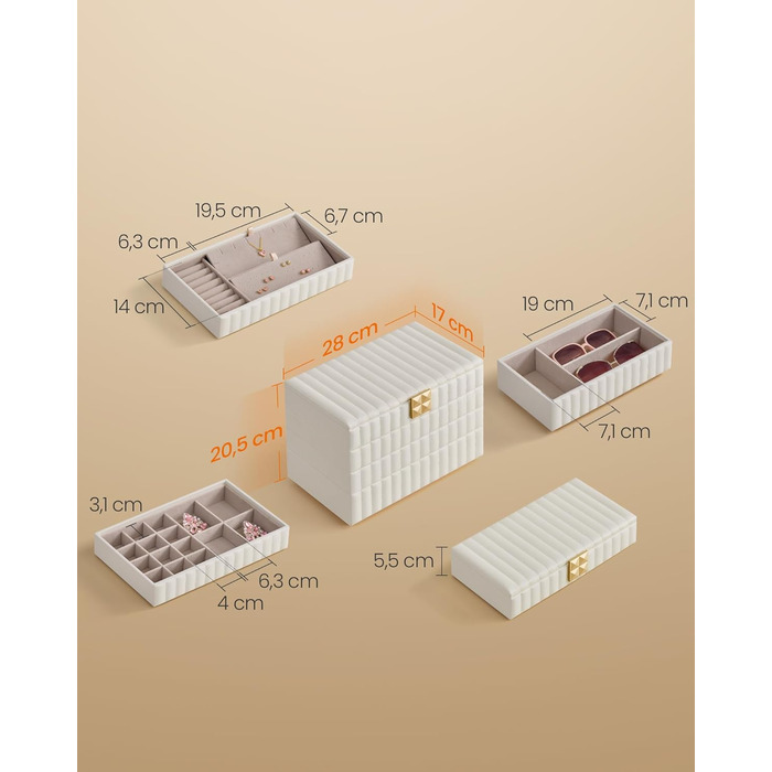 SONGMICS HOME ANAH - Скрінька для прикрас, 4 ящики, з дзеркалом, білий, 17 x 28 x 20,5 см, JBC181W01
