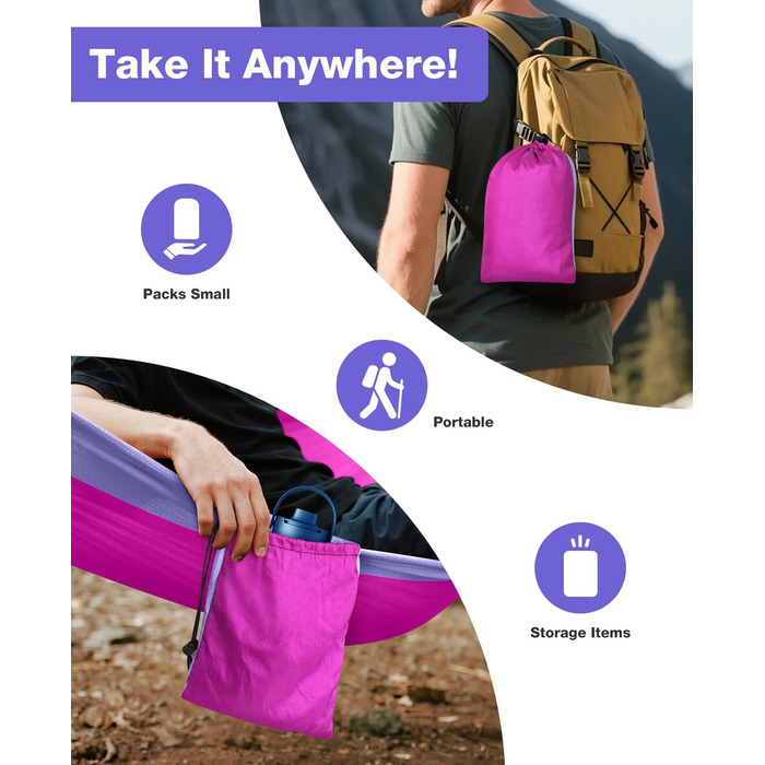 Гамак дорожній подвійний 295x140 см, рожево-ліловий, вантажопідйомність 350 кг - з карабінами та ременями для кріплення