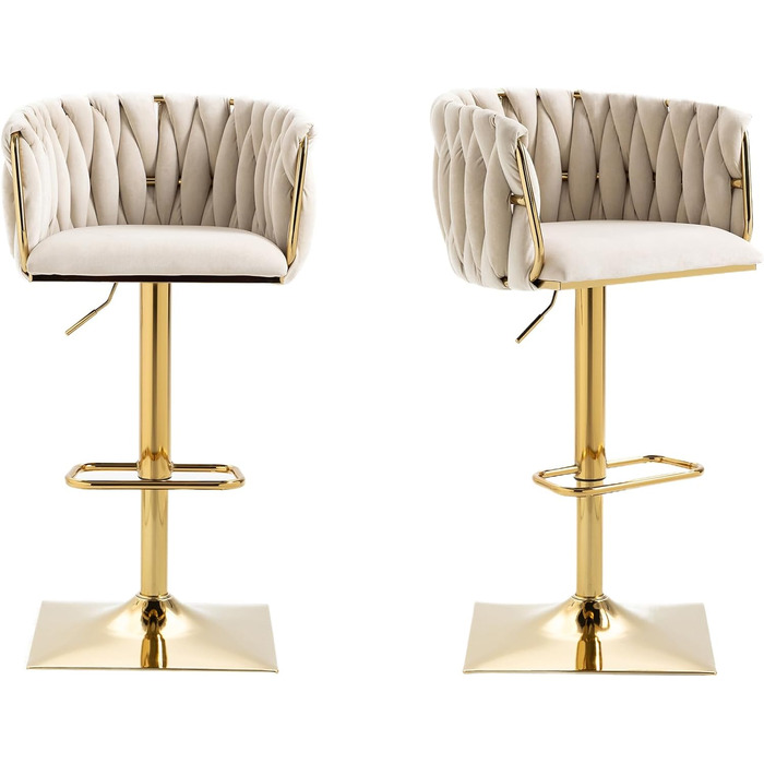 SUPPNEED Velvet Bar Stools 2-Pack - Adjustable Swivel Barstools with Backrest for Kitchen & Home Bar (Ivory)