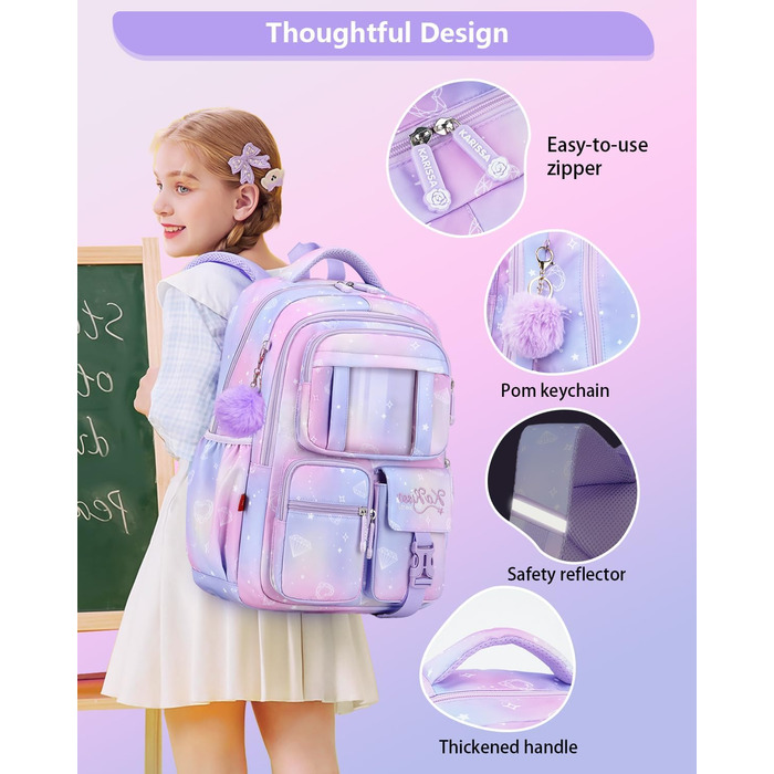Рюкзак для дівчинки Tanou, 1-4 клас, дитячий шкільний рюкзак, водонепроникний, фіолетовий