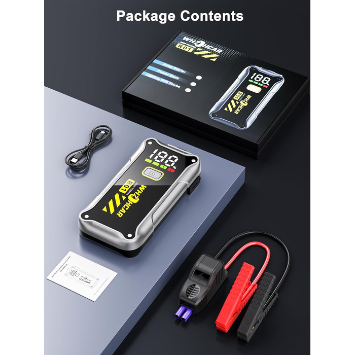 Powerbank Starthilfe 4000A: портативний пусковий пристрій для автомобіля 12V з LCD дисплеєм та LED ліхтариком. Підходить для бензинових (9.0L) та дизельних (7.5L) двигунів. Ідеально для SUV, мотоциклів та газонокосарок. Чорний колір.