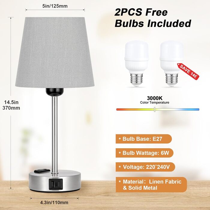 Настільна лампа Kakanuo з торшетом, 2 шт., з USB-портами та диммуванням, для спальні, вітальні, дитячої кімнати, офісу, тканинний абажур, колір: сірий-сріблястий