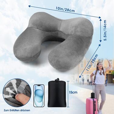Подушка для шиї BBjinronjy надувна для подорожей, літака, офісу, авто, кемпінгу, з чохлом з м'якого велюру, ергономічна, з навушниками (сіра)