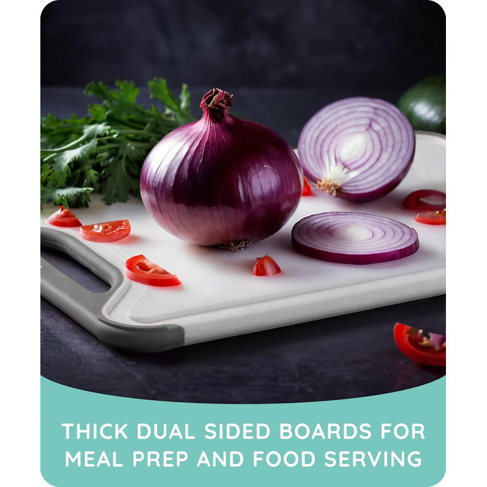 Набір з 3 сірих дощок для нарізання з пластику, стійкі до миття в посудомийній машині, з жолобками для соку, для м'яса, овочів, фруктів, з зручною ручкою