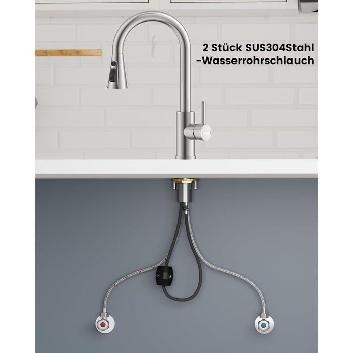 Кухонний змішувач Dayone з висувним виливом, нержавіюча сталь SUS304, високий тиск, для кухні, мікшер, 2 функції, поворотний на 360°, кухонний змішувач (з підключенням до шлангу)