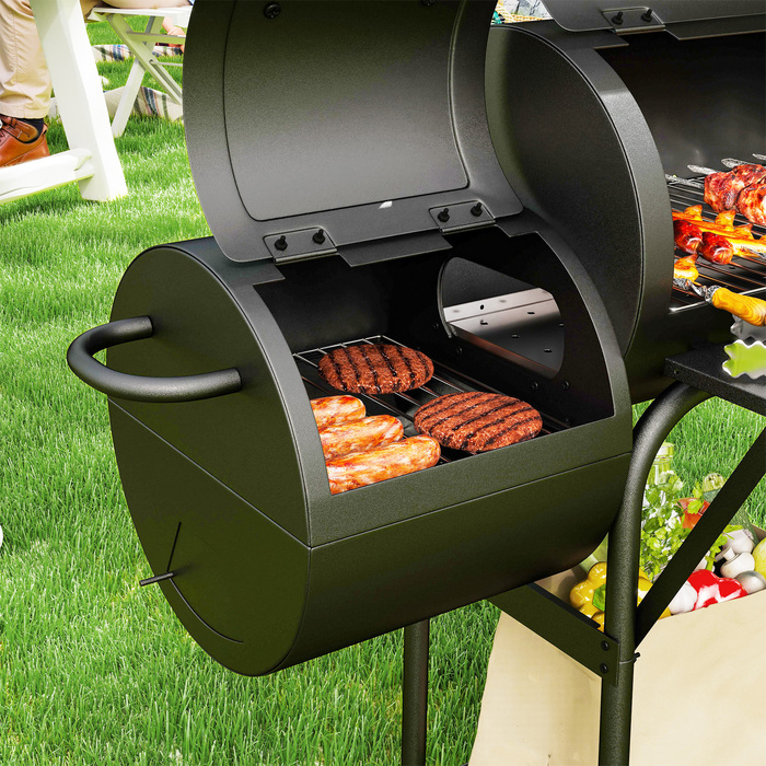 Сталевий вугільний гриль Outsunny BBQ Smoker з кришкою, термометром, колесами, полицею, мобільний гриль-візок з регулюванням подачі повітря, кошик для вугілля, вугільний гриль для барбекю, кемпінгу, саду 109x60x120 см | Aosom