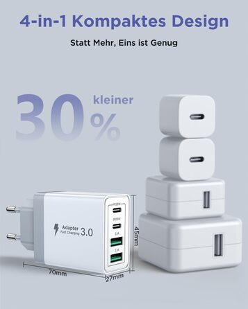Мережевий адаптер USB-C на 4 порти з кабелем USB-C на USB-C 2м, 40W, PD 3.0, для iPhone, Samsung, смартфонів