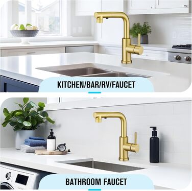 Кран кухонний CREA з 3 функціями: душ, висувний вилив, поворот 360°, матове золото (щітковане)