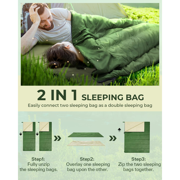 Ohuhu Lightweight Packable Sleeping Bag - Summer Camping Sleeping Bag for Travel, Festivals & Indoor Use (Green)