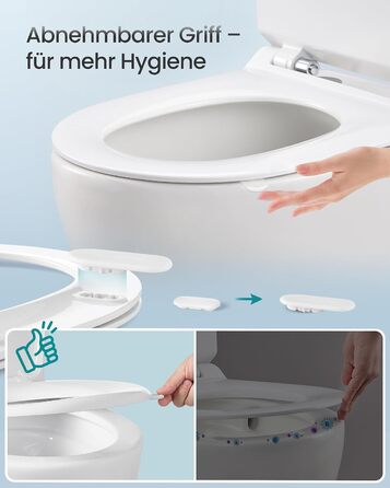 Сідіння для унітаза SONGMICS з мікроліфтом (м'яким закриванням), Urea-Duroplast, D-подібне (коротке), біле, витримує до 300 кг, BTL101WZ01