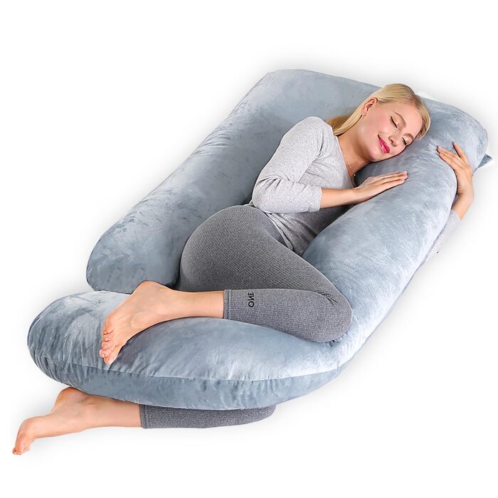 Подушка для вагітних CALIYO J-подібної форми, XXL, для сну на боці, з бавовняною підкладкою (180x70 см, блакитно-сіра)