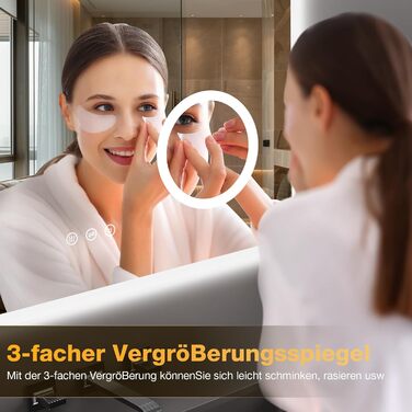 Дзеркало для ванної кімнати з підсвічуванням 80x60 см, 3 кольори, регулювання яскравості, протитуманне покриття, 3x збільшення, розетка для гоління, IP44, для горизонтального/вертикального монтажу