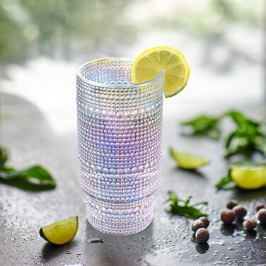 Joeyan 300ml Hobnail Rainbow Water Glasses, Vintage Stackable Colorful Highball Glasses, Pearl Embossed Iridescent Drinking Glasses, Romantic Rainbow Juice Glasses Cocktail Glasses, Set of 4, Dishwasher Safe