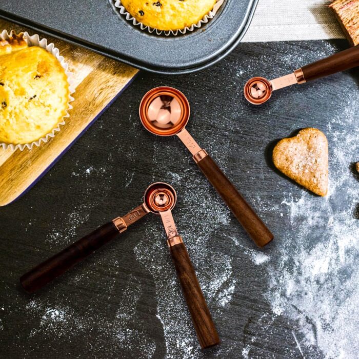 Measuring Cup and Spoon Set, Rose Gold Measuring Cups and Spoons, Stainless Steel Measuring Cups with Wooden Handle, Metal Measuring Cup Set for Cooking, Baking, 8 Pieces
