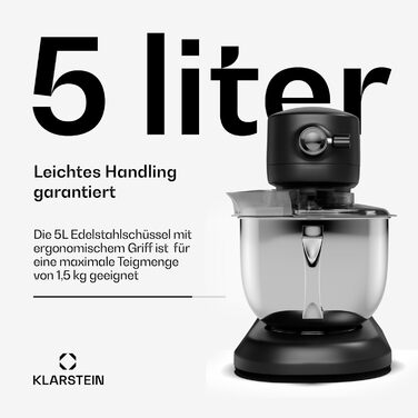 Кухонна машина Klarstein Chiara 1600W з чашею 5л з нержавіючої сталі, 12 швидкостей, LCD-дисплеєм, тиха робота ≤72 dB, набір для випічки, сумісний з посудомийною машиною, корпус з алюмінію, чорний колір