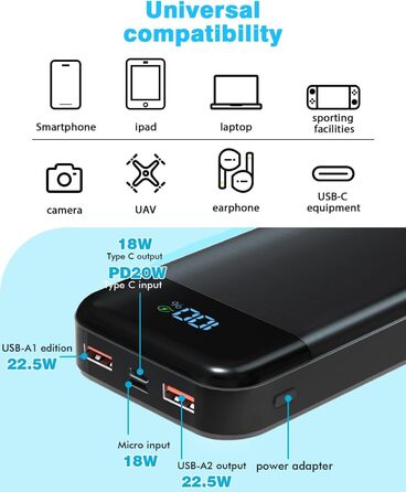 Power Bank 27000mAh 22.5W PD3.0 QC4.0 USB-C: Зовнішній акумулятор для смартфонів, планшетів та інших пристроїв з LCD дисплеєм