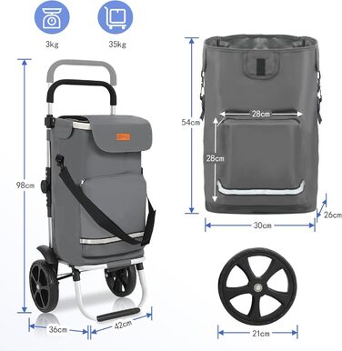 Складаний візок для покупок Sekey 60L з алюмінію, 3-в-1, з кулерним та відділенням для напоїв, для покупок та кемпінгу (сірий)