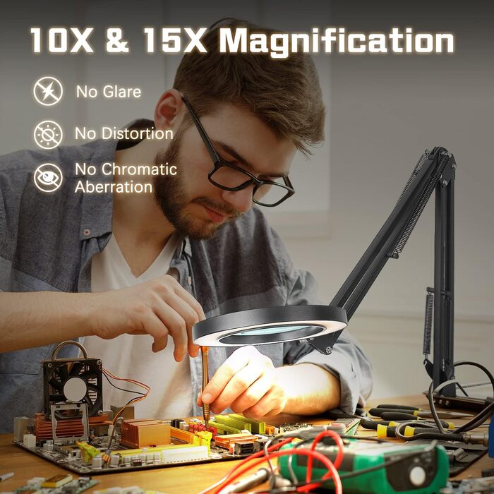 Лупа Jubor 2-в-1 з підсвічуванням та підставкою, 15x/10x, LED, з кріпленням та основою, настільна лампа, 3 режими, регулювання яскравості, для хобі, ремонту, DIY, чорна