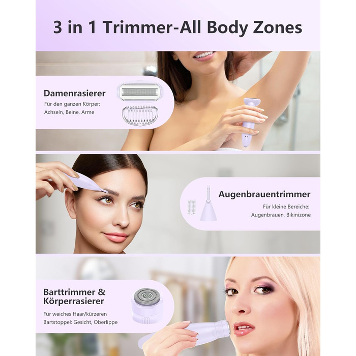 Електричний жіночий тример 3-в-1 для тіла, обличчя, Bikinizone, ніг, USB-зарядка, водонепроникний IPX7, білий (фіолетовий)