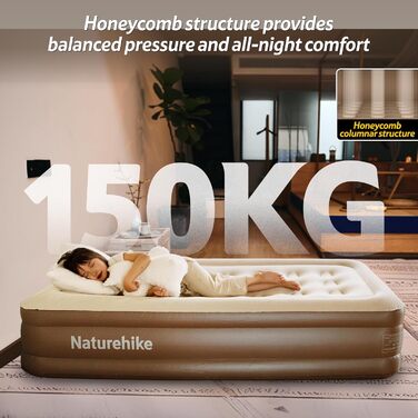 Надувний матрац Naturehike для кемпінгу та дому (190x100x45 см), самонадувний, з акумуляторним насосом, для 1 особи, коричневий