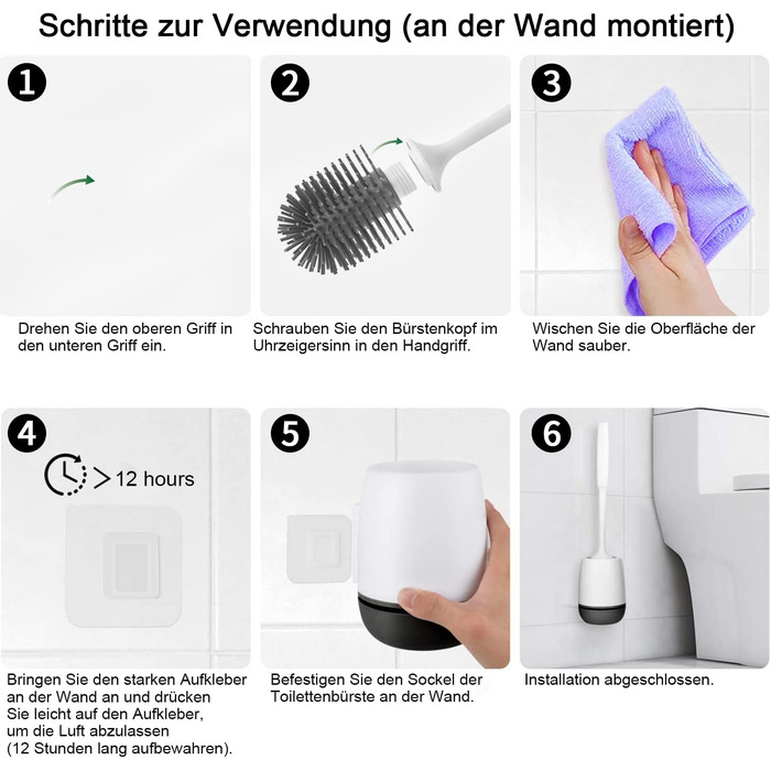 Щітка для унітазу силіконова з тримачем, настінний монтаж, швидковисихаюча, для ванної кімнати – білий (сірий та білий) (чорний та білий)