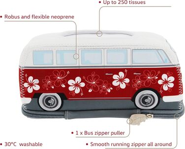 Тримач для серветок та паперових рушників BRISA VW Collection у дизайні Volkswagen T1 Bulli Bus, неопрен, червоний з гібіскусом, 24 см