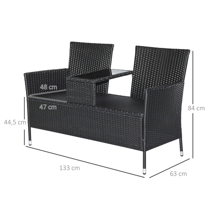 Садова лавка Outsunny з ротангу Polyrattan на 2 особи з журнальним столиком, садове диван-крісло зі сталі чорного кольору, B133 x Ш63 x H84см, стійке до погодних умов та сучасне