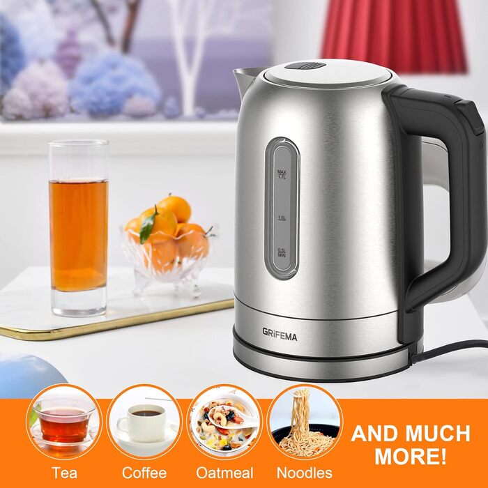 Електричний чайник GRIFEMA 0.8L, 1100W з фільтром від накипу, тихий, швидкий, без BPA, для подорожей, автоматичне відключення, захист від перегріву, білий (нержавіюча сталь 1.7L)