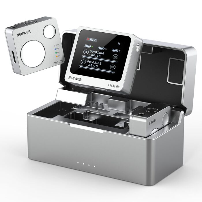 NEEWER Міні бездротове мікрофону, комплект 1RX+2TX+зарядний кейс, 150м радіус дії, для iPhone, iPad, Android, DJI, Insta360, PC, Mac